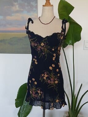 Reformation Christine Navy Floral Slip Dress with Tie Straps Sz10